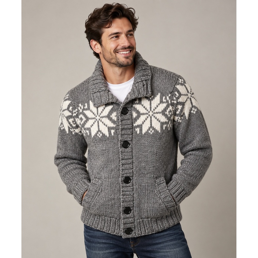 Aeropostale Mens Gray Fair Isle Snowflake Button Front Shawl Cardigan Sweater L